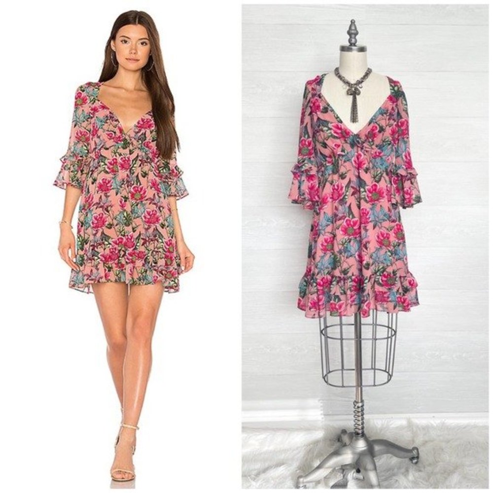 FOR LOVE AND LEMONS Pink Flamenco Churro Mini Dress Floral Print Size XS